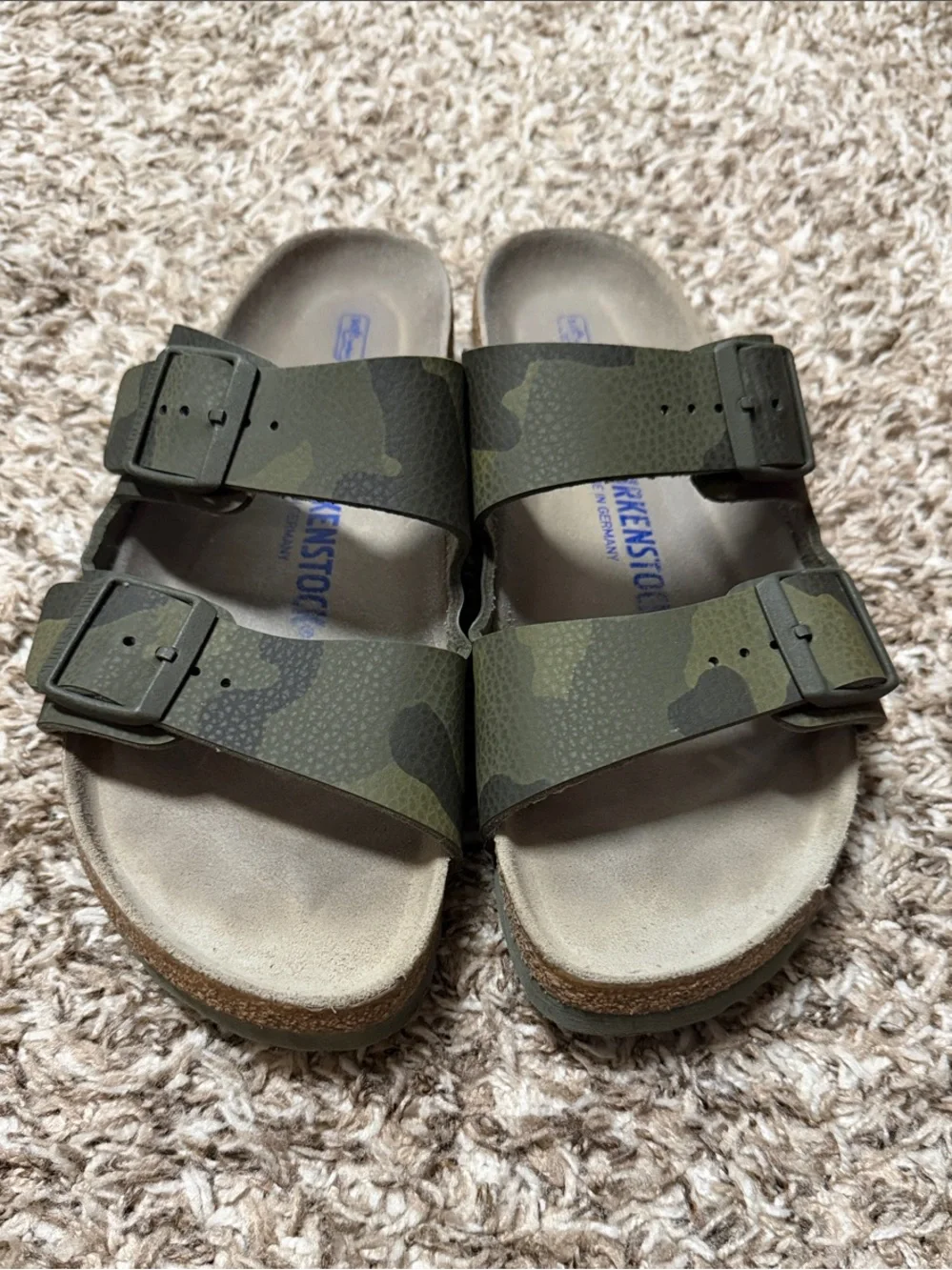 Birkenstock Women’s Two-Strap Camo Green Slide Sandals